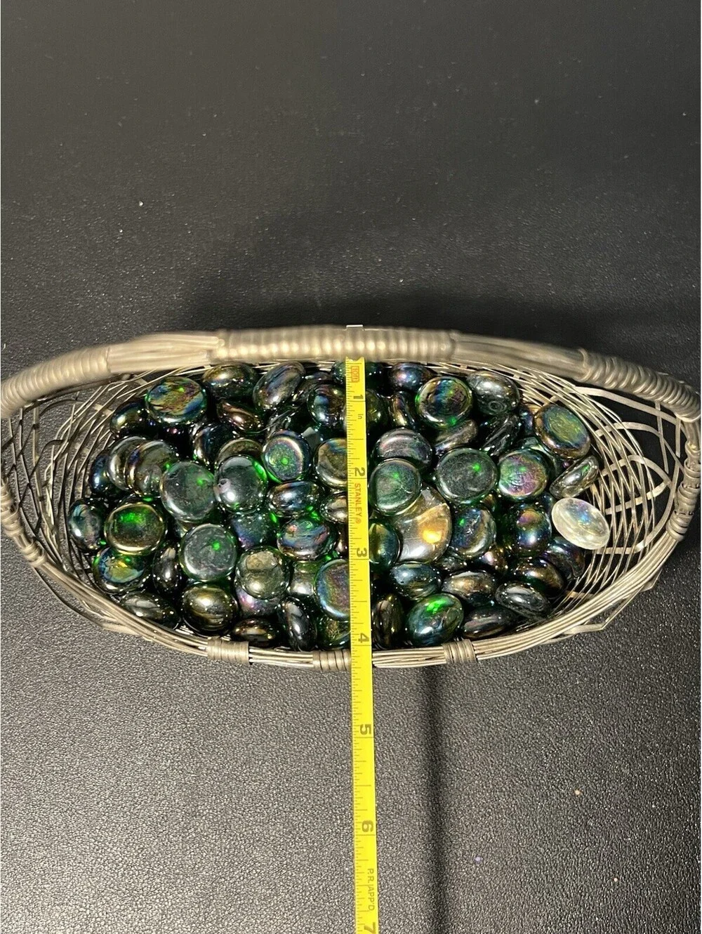 Vintage 1950s Woven Silver Tone Wire Basket With Iridescent Glass Gems, 7x7”